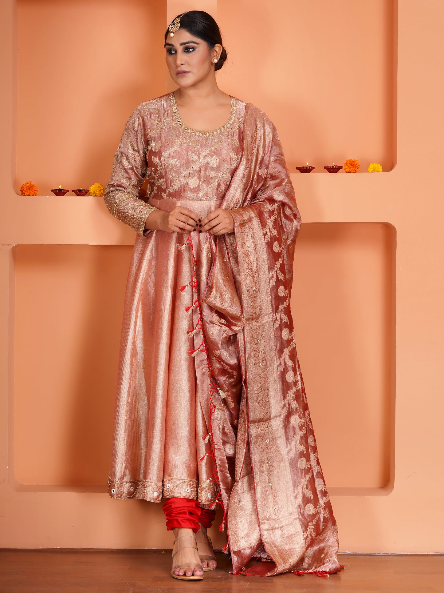 Peach Tissue Silk & Crush Tissue Silk Embroidered Anarkali