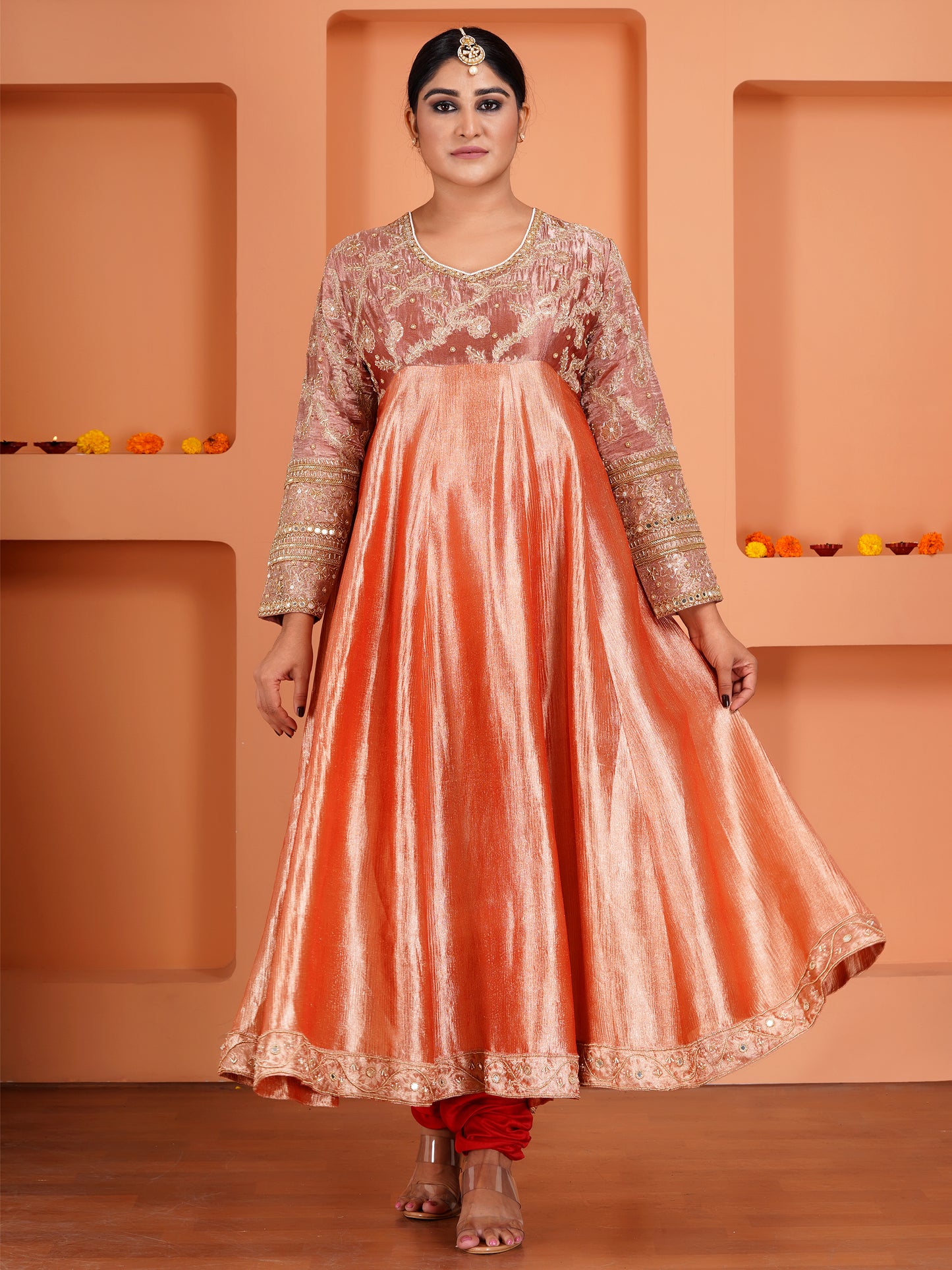 Red Tissue Silk & Crush Tissue  Silk Embroidered Anarkali