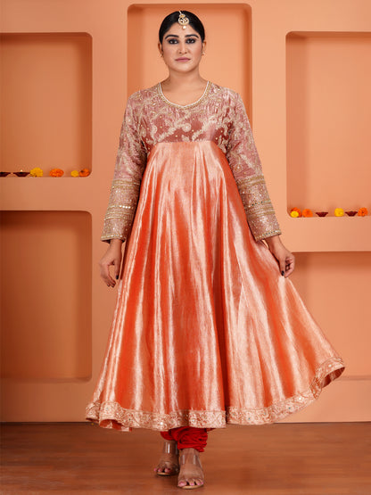 Red Tissue Silk & Crush Tissue  Silk Embroidered Anarkali