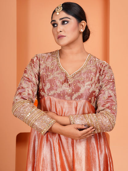 Red Tissue Silk & Crush Tissue  Silk Embroidered Anarkali