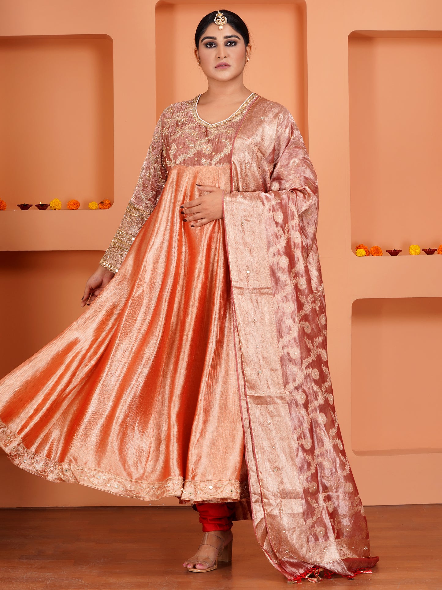 Red Tissue Silk & Crush Tissue  Silk Embroidered Anarkali