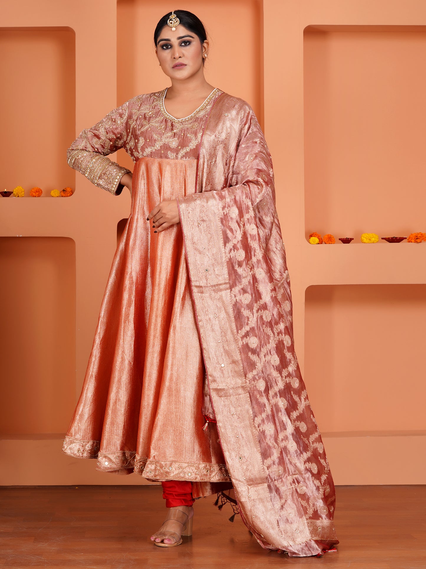 Red Tissue Silk & Crush Tissue  Silk Embroidered Anarkali