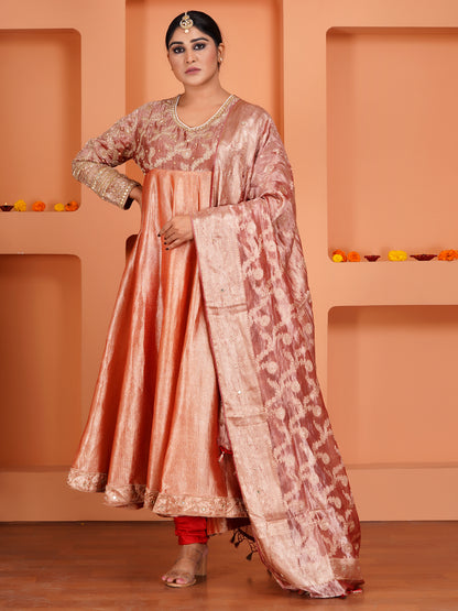 Red Tissue Silk & Crush Tissue  Silk Embroidered Anarkali