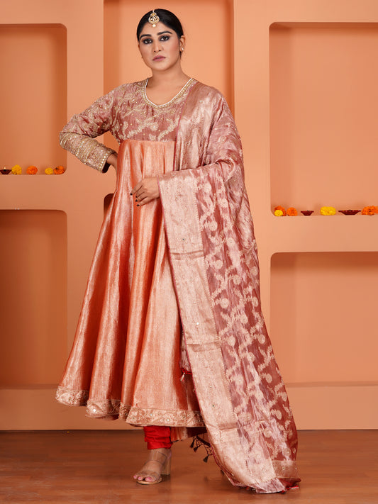 Red Tissue Silk & Crush Tissue Anarkali