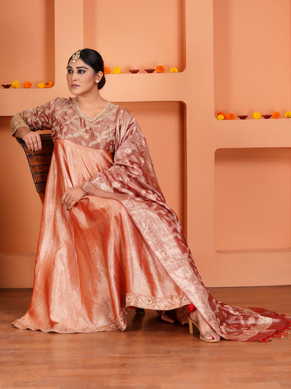 Red Tissue Silk & Crush Tissue  Silk Embroidered Anarkali