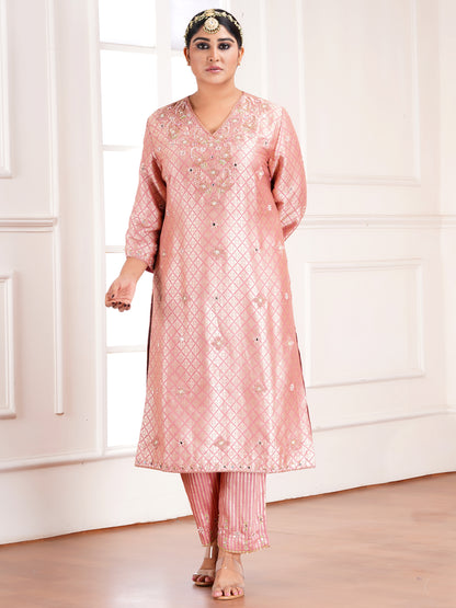 Pink Khin Khab Silk Embroidered Kurta Set