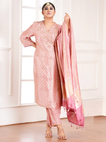 Pink Khin Khab Silk Embroidered Kurta Set
