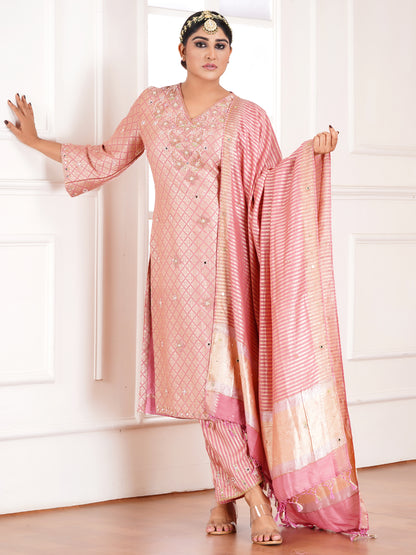 Pink Khin Khab Silk Embroidered Kurta Set