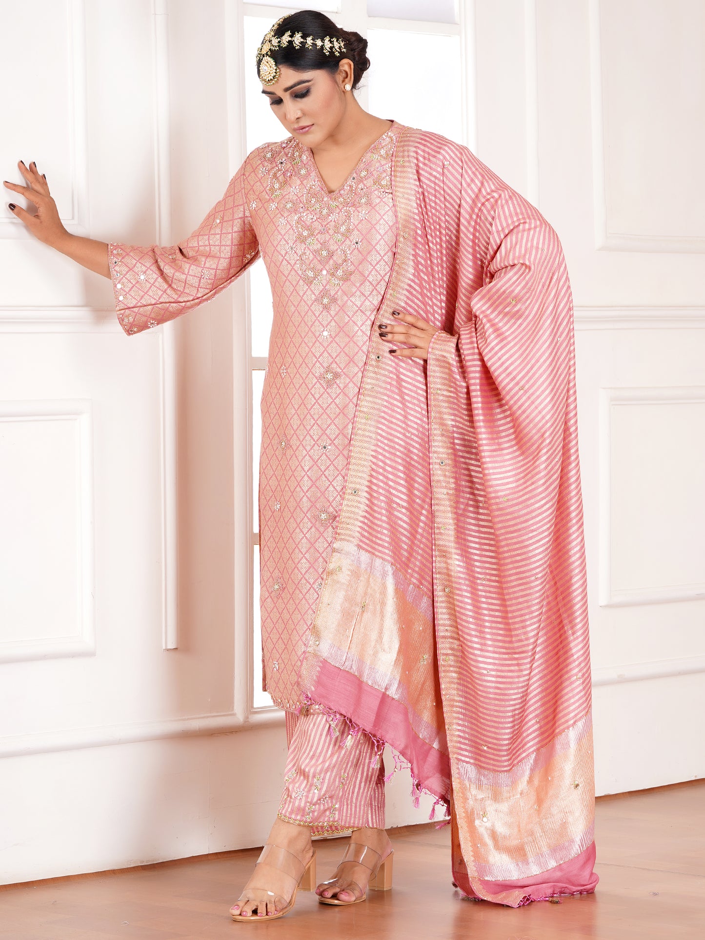 Pink Khin Khab Silk Embroidered Kurta Set