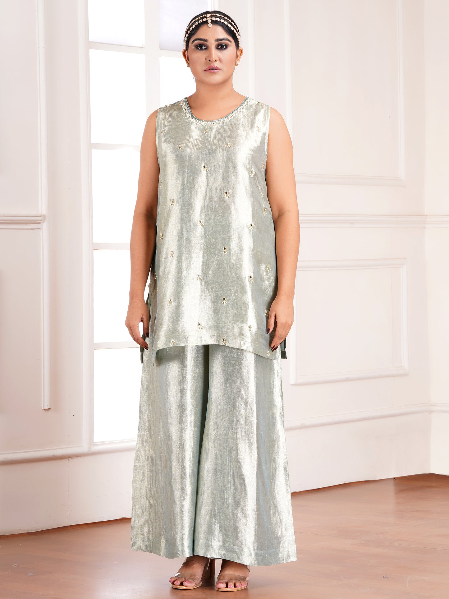 Green Tissue Silk Jacket & Kurta Set