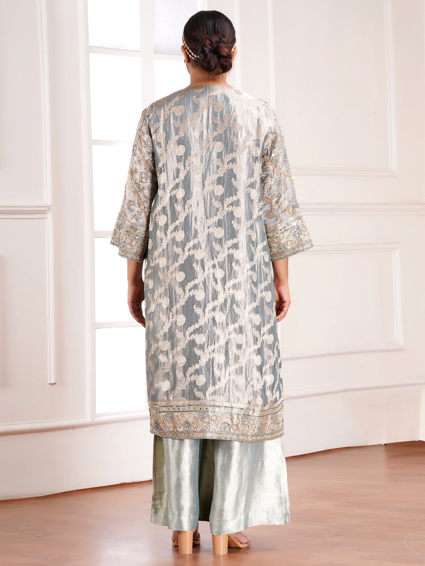 Green Tissue Silk Jacket & Kurta Set