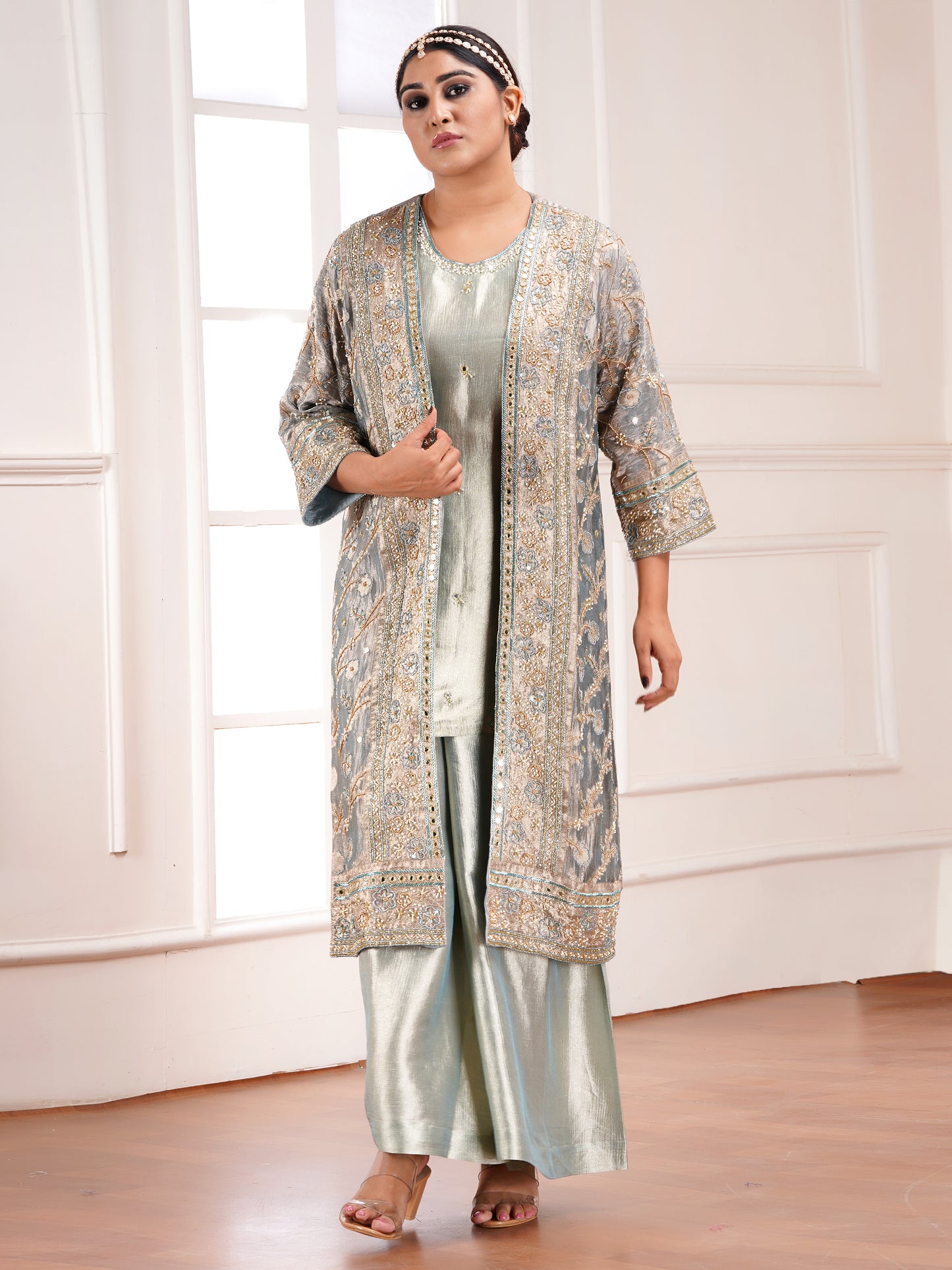 Green Tissue Silk Jacket & Kurta Set
