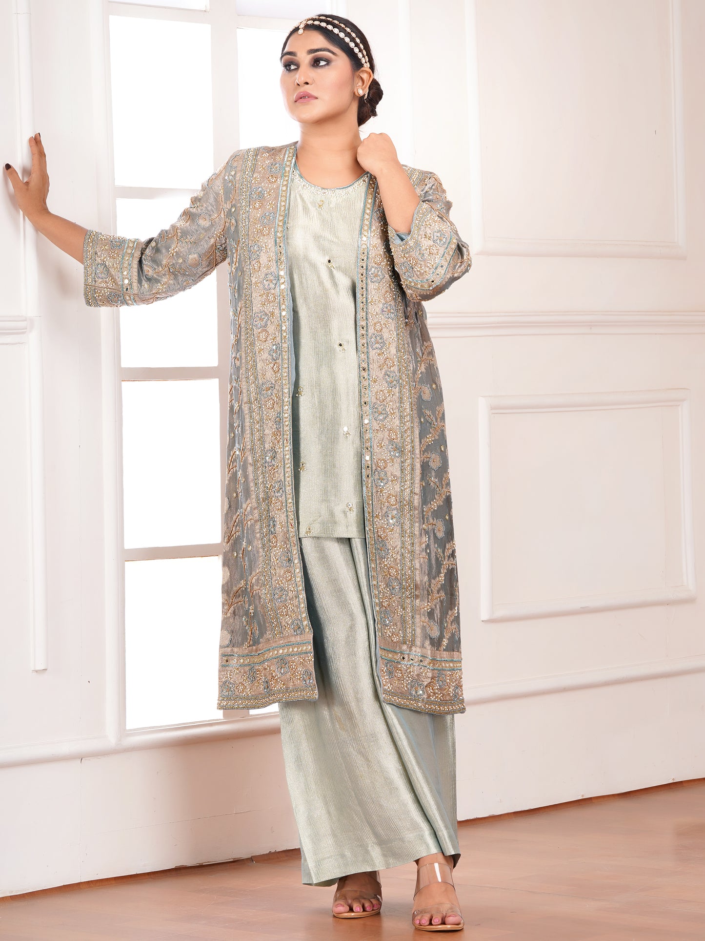 Green Tissue Silk Jacket & Kurta Set