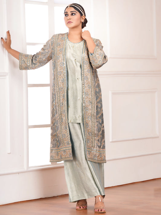 Green Tissue Silk Jacket & Kurta Set