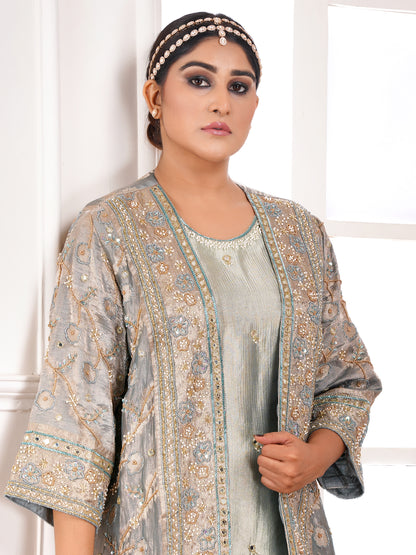 Green Tissue Silk Jacket & Kurta Set