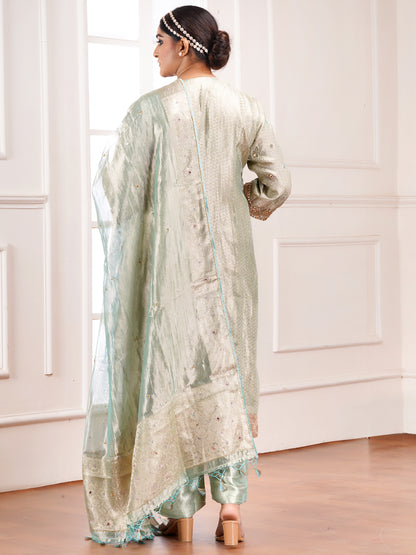 Blue Brocade Silk Embroidered Kurta Set