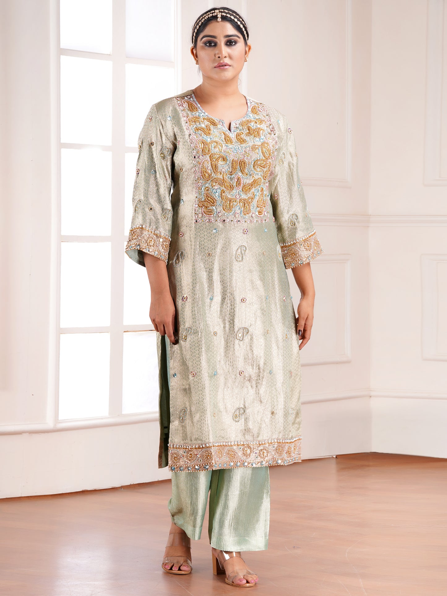 Blue Brocade Silk Embroidered Kurta Set