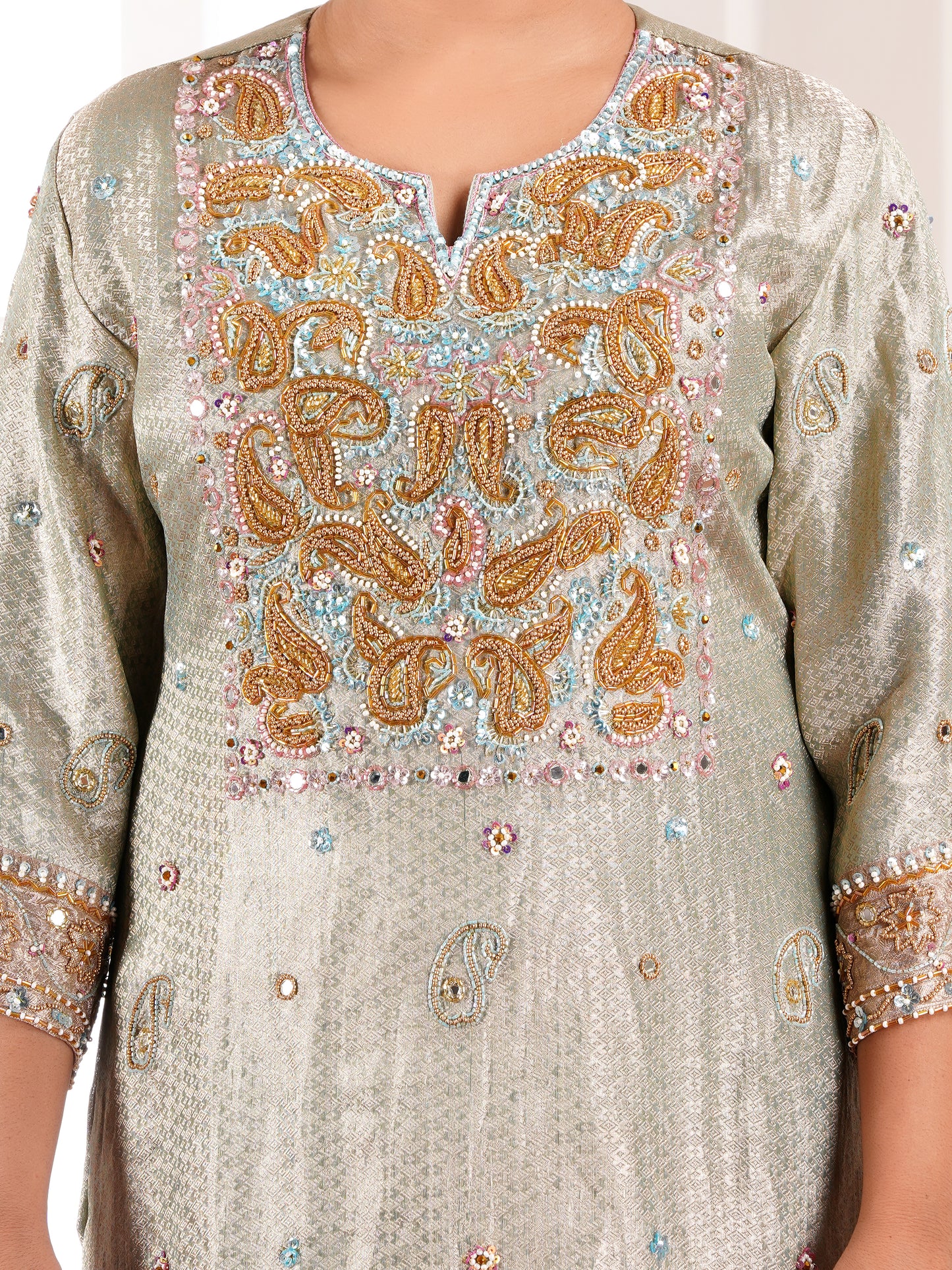 Blue Brocade Silk Embroidered Kurta Set
