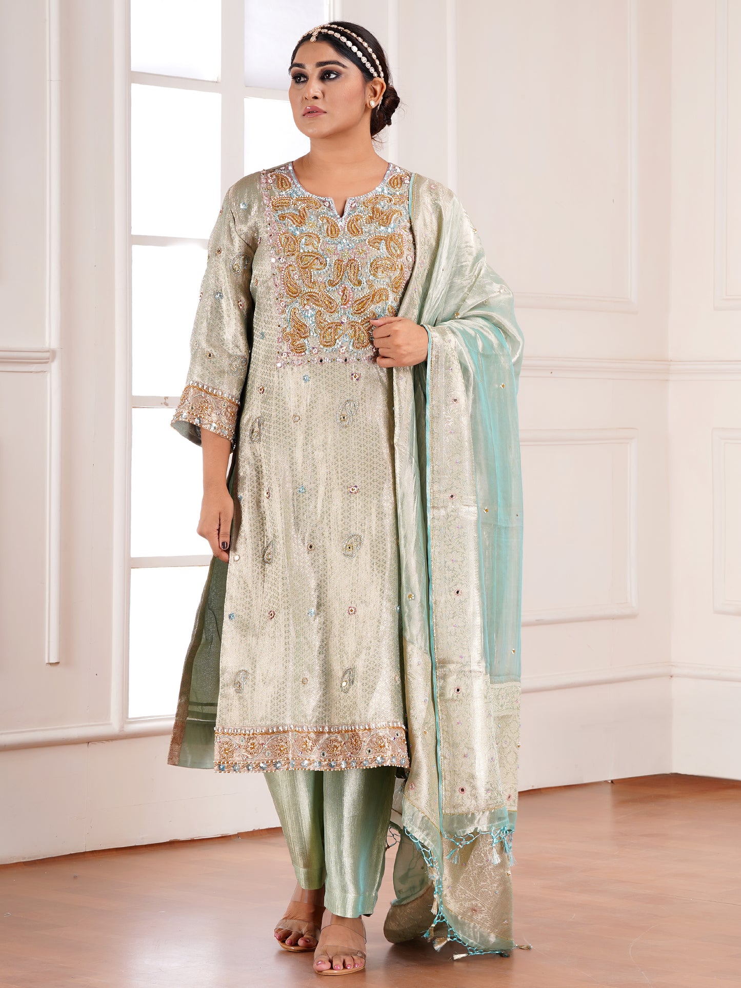 Blue Brocade Silk Embroidered Kurta Set