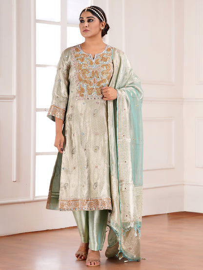 Blue Brocade Silk Embroidered Kurta Set