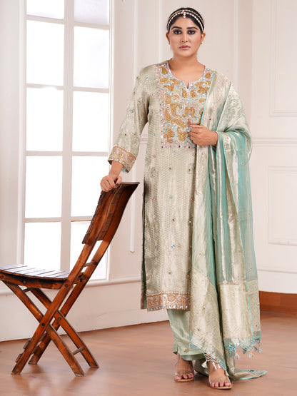 Blue Brocade Silk Embroidered Kurta Set
