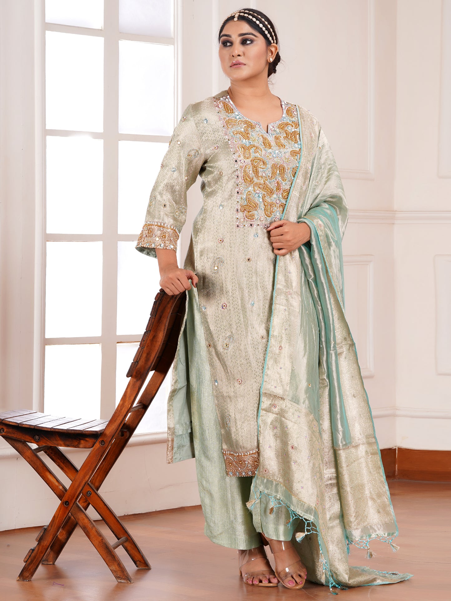 Blue Brocade Silk Embroidered Kurta Set