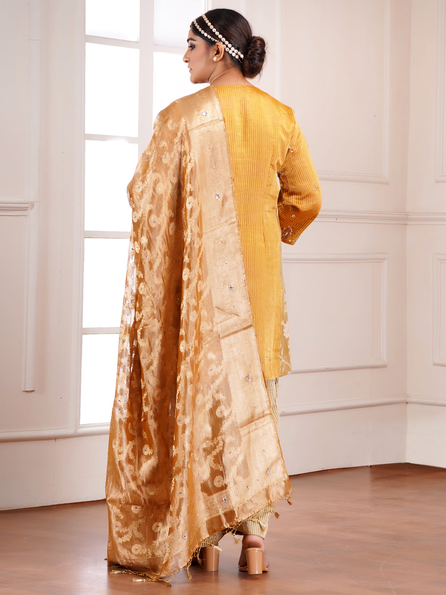 Yellow Muga Silk Embroidered Kurta Set