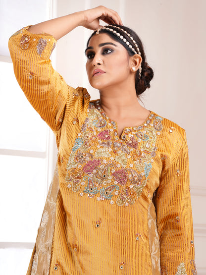 Yellow Muga Silk Embroidered Kurta Set