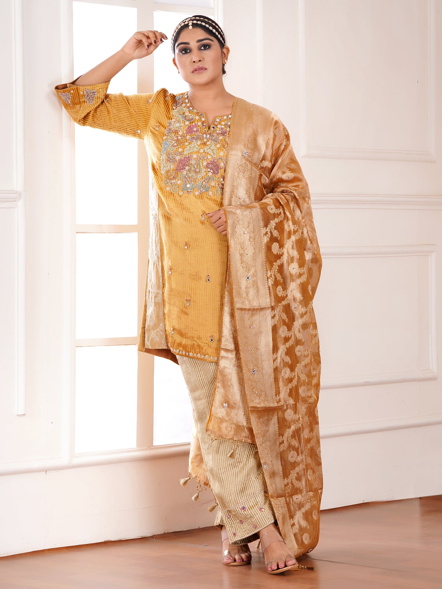 Yellow Muga Silk Embroidered Kurta Set