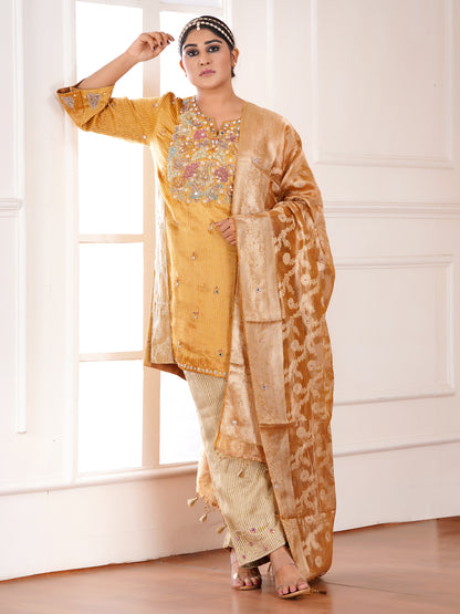 Yellow Muga Silk Embroidered Kurta Set