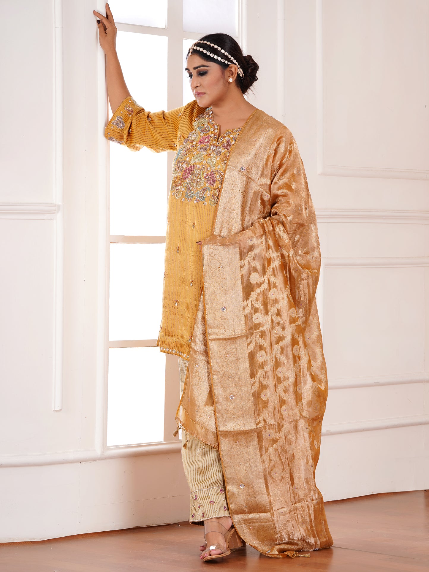 Yellow Muga Silk Embroidered Kurta Set
