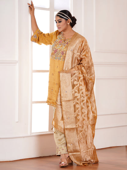 Yellow Muga Silk Embroidered Kurta Set