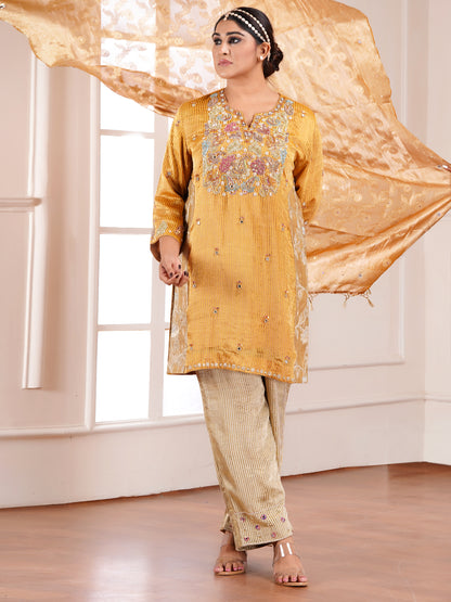 Yellow Muga Silk Embroidered Kurta Set
