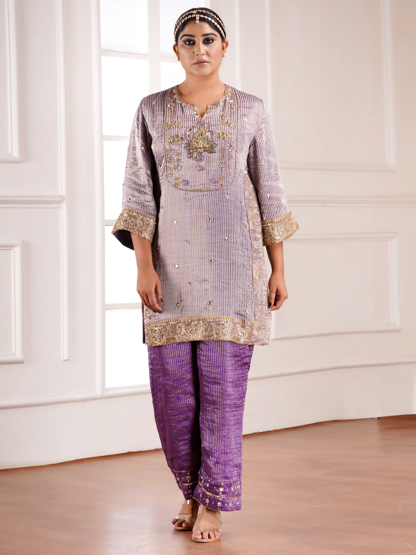 Grey Muga Silk  Embroidered Kurta Set
