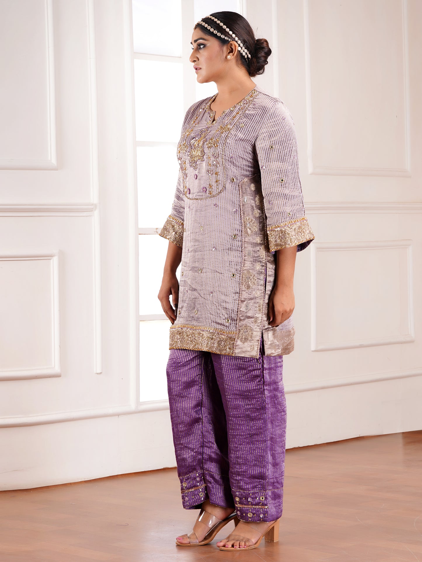 Grey Muga Silk  Embroidered Kurta Set