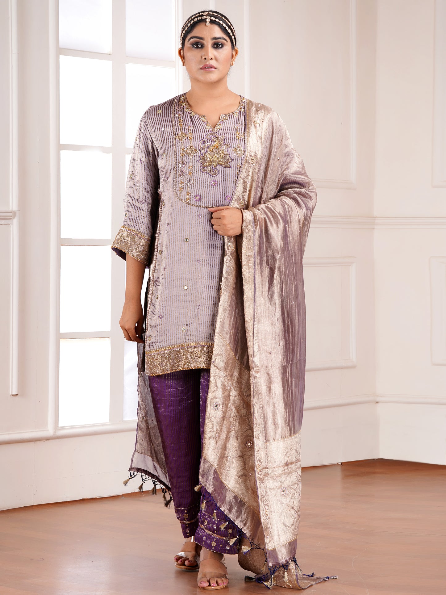 Grey Muga Silk  Embroidered Kurta Set