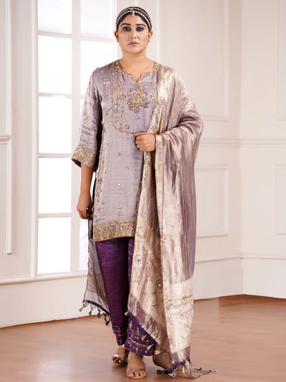 Grey Muga Silk  Embroidered Kurta Set