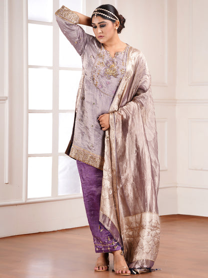 Grey Muga Silk  Embroidered Kurta Set