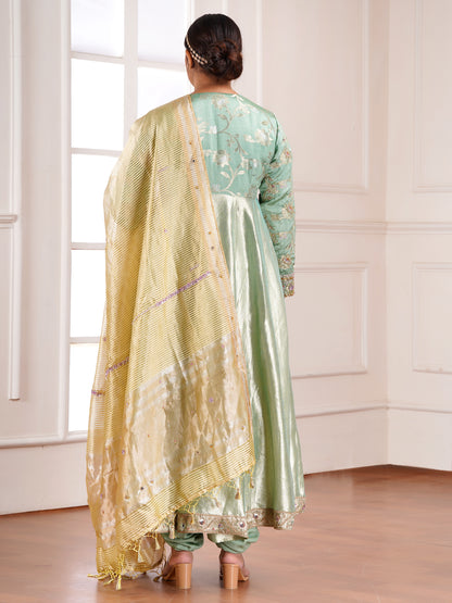Green Chiniya & Crush Tissue  Silk Embroidered Anarkali