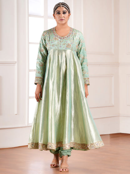 Green Chiniya & Crush Tissue  Silk Embroidered Anarkali