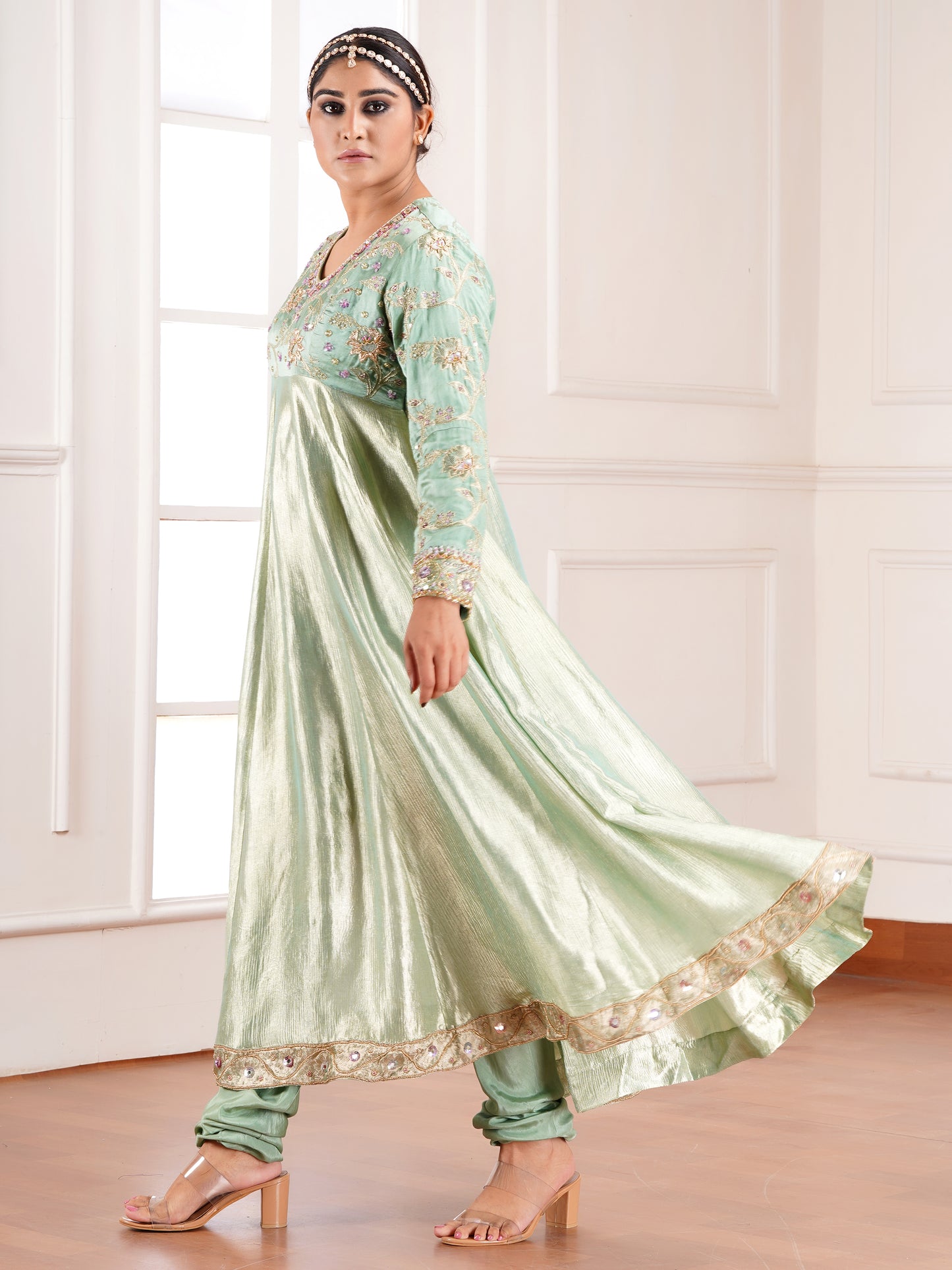 Green Chiniya & Crush Tissue  Silk Embroidered Anarkali