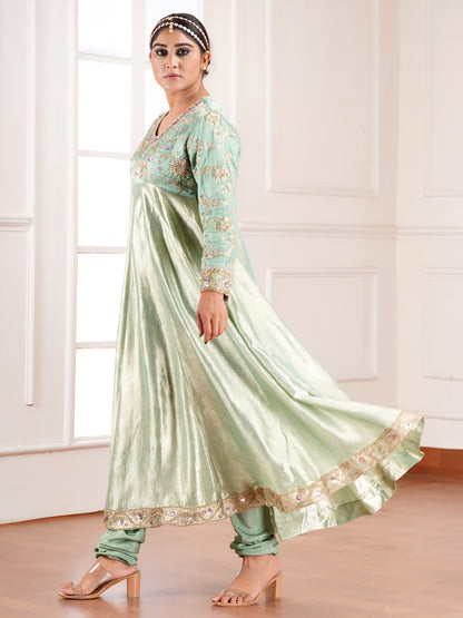 Green Chiniya & Crush Tissue  Silk Embroidered Anarkali