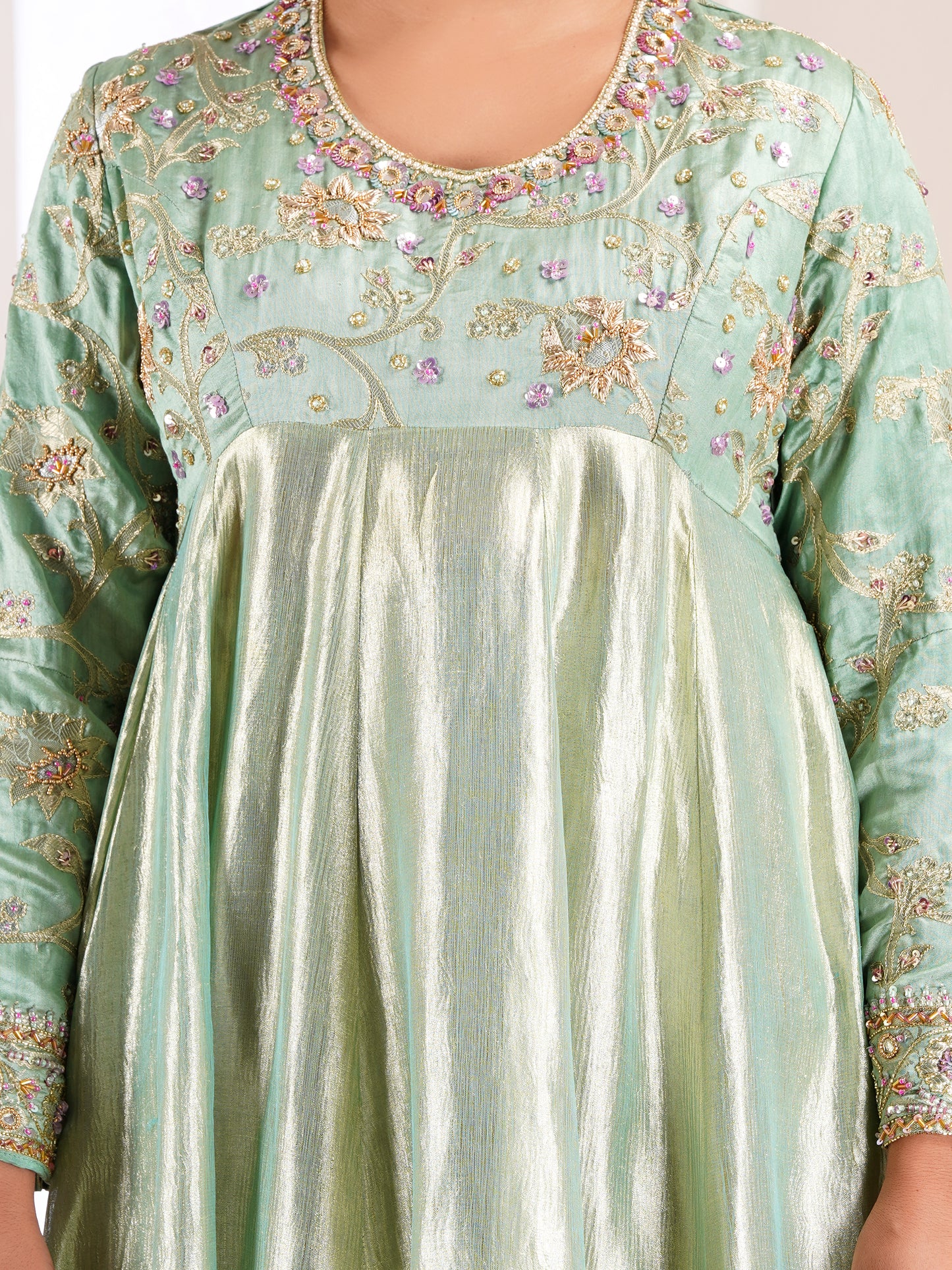 Green Chiniya & Crush Tissue  Silk Embroidered Anarkali