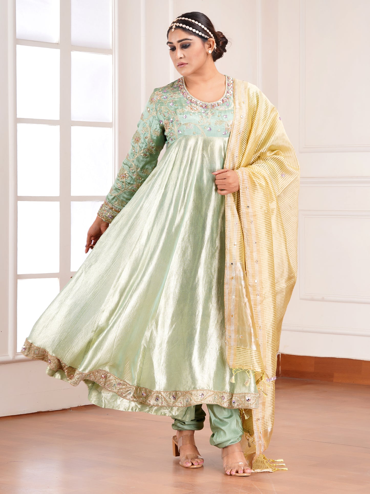 Green Chiniya & Crush Tissue  Silk Embroidered Anarkali
