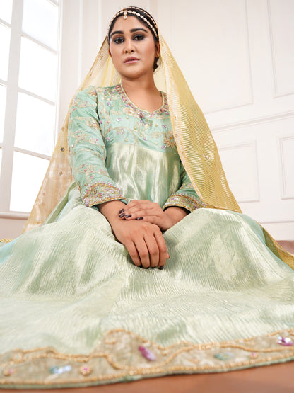 Green Chiniya & Crush Tissue  Silk Embroidered Anarkali