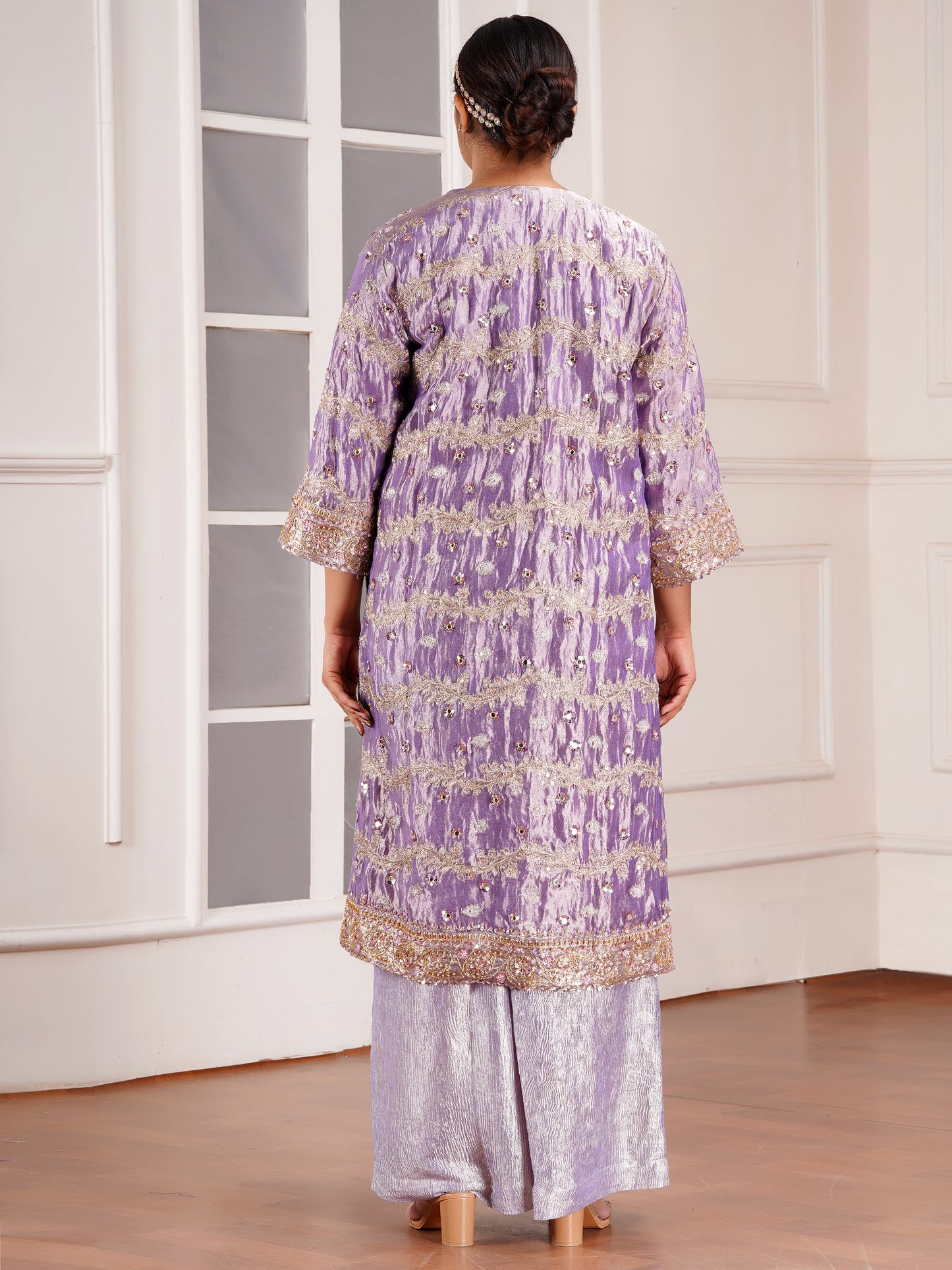 Purple Tissue Silk Jacket & Kurta Set