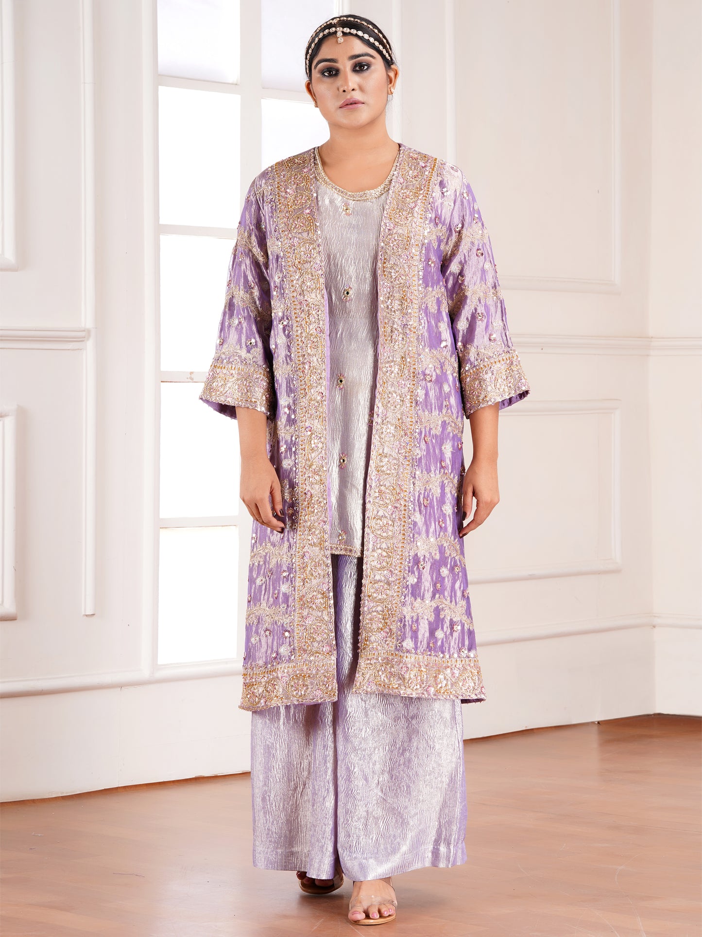 Purple Tissue Silk Jacket & Kurta Set