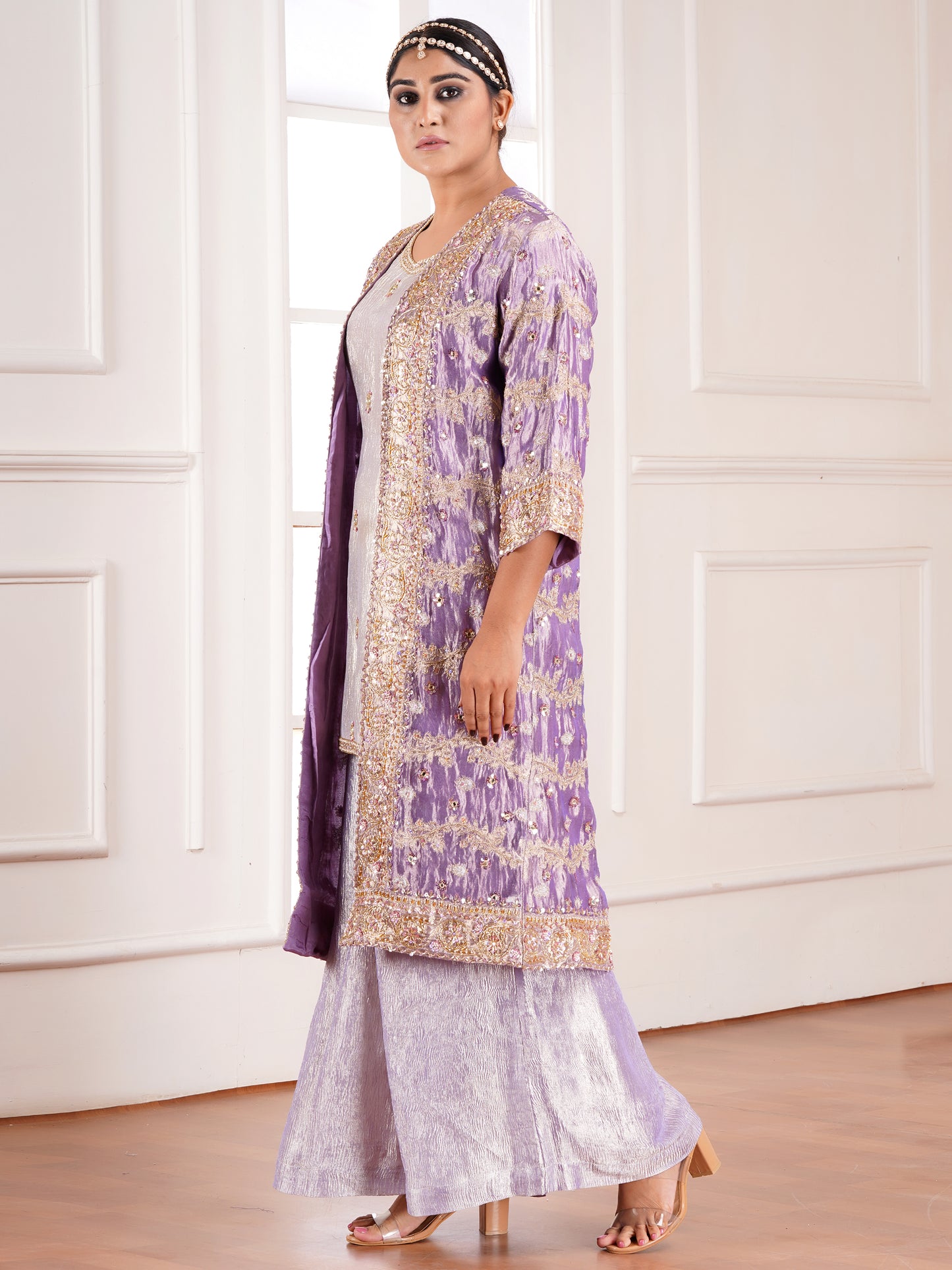 Purple Tissue Silk Jacket & Kurta Set