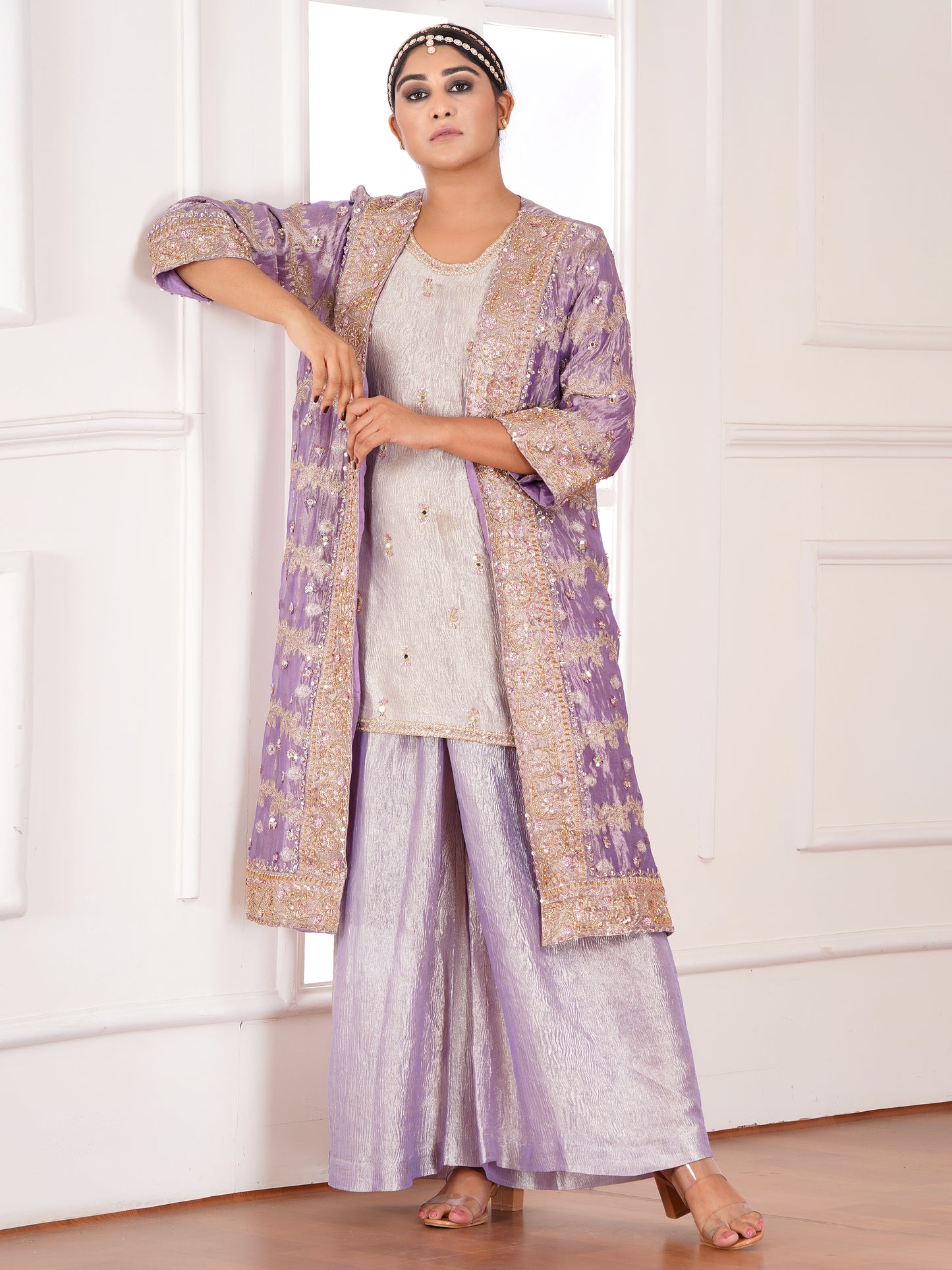 Purple Tissue Silk Jacket & Kurta Set