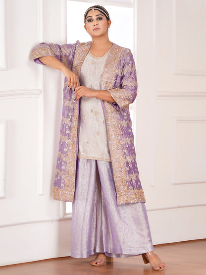 Purple Tissue Silk Jacket & Kurta Set